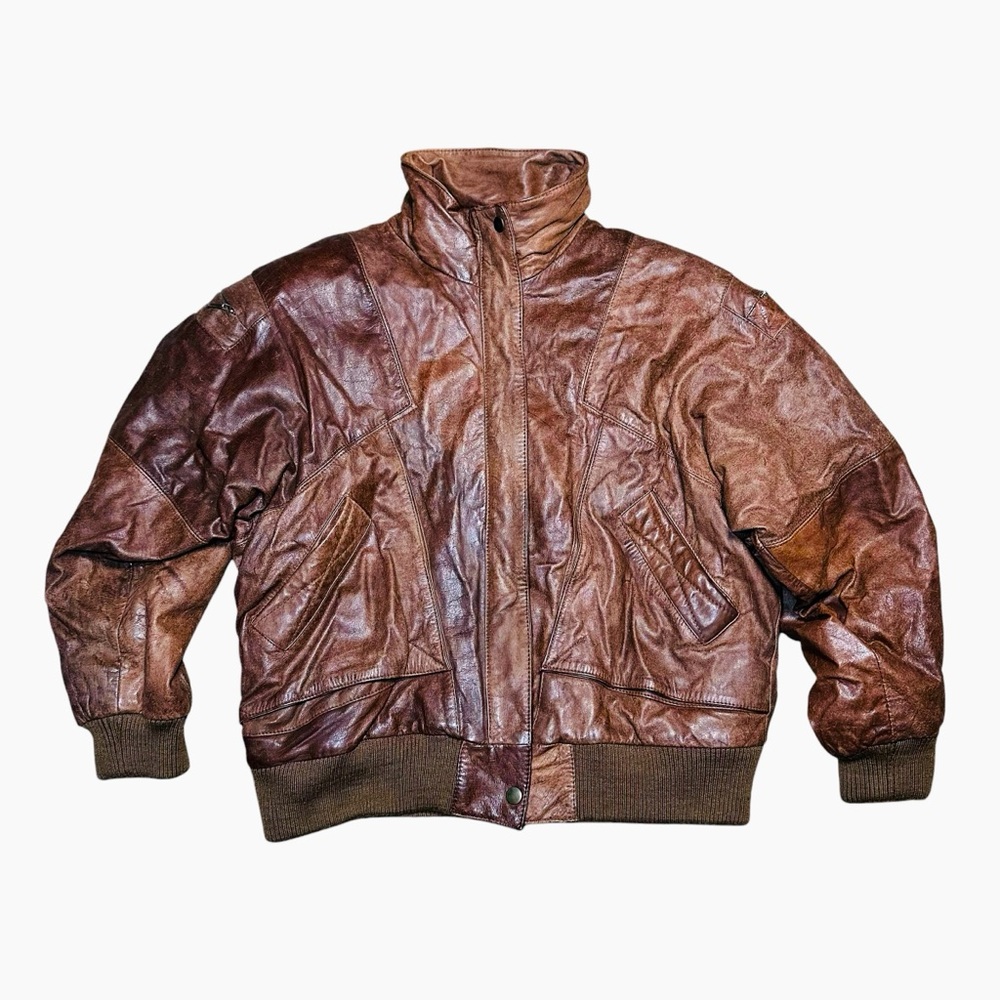 D’Linea By Casablanca Size L Leather Jacket Brown Bomber Vintage 80s 90s Cropped